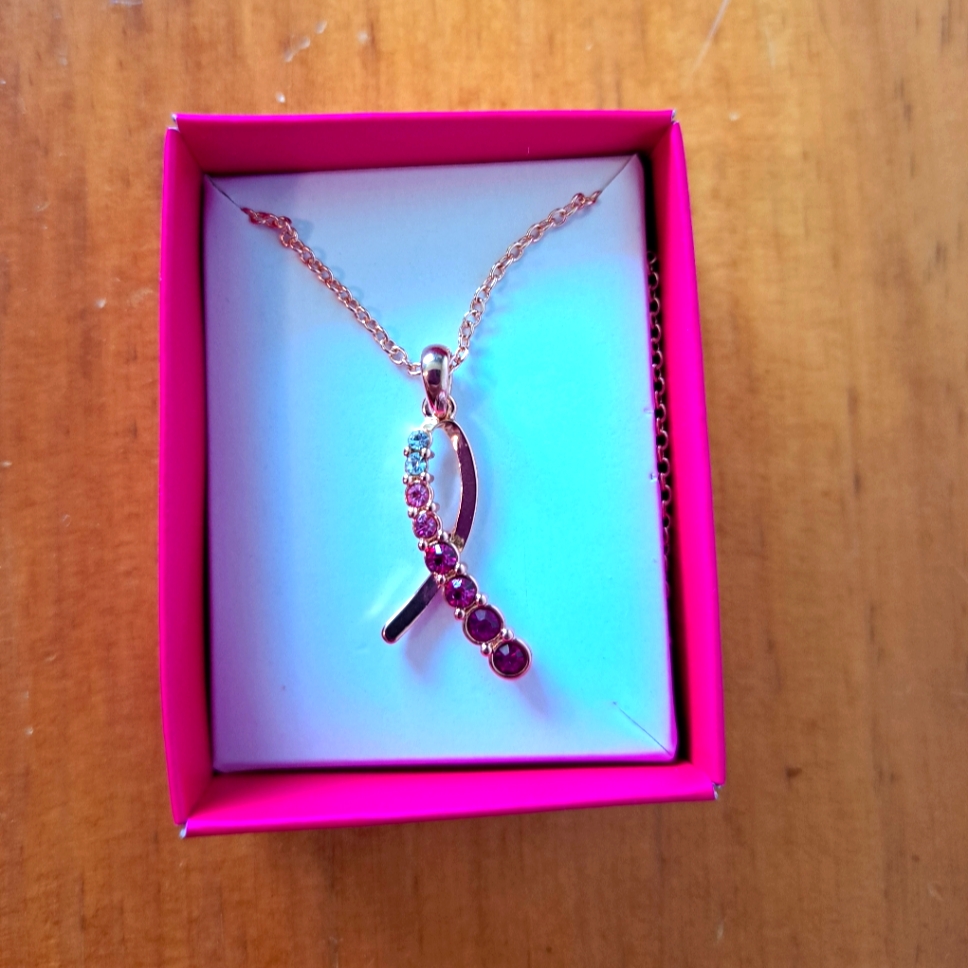 Rose Gold Tone Pink Ribbon Necklace S.A.Q. 18 Inch